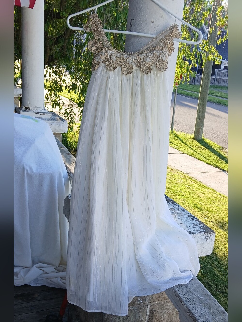 Sweet Boutons Cream Ivory Chiffon Maxi Dress with Gold Lace Trim